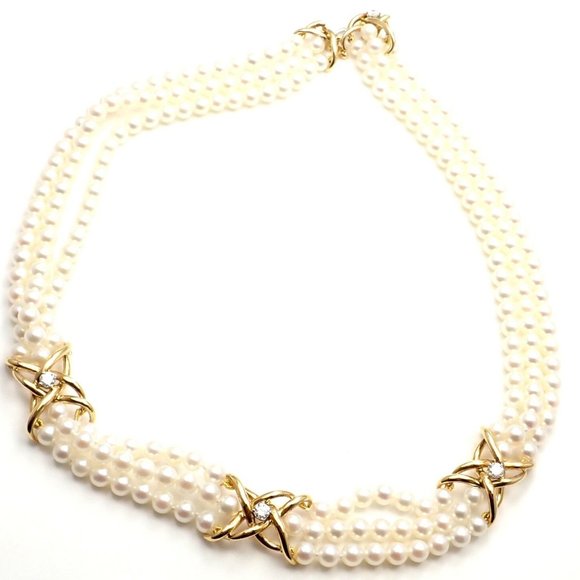 Authentic! Tiffany & Co 18k Yellow Gold Diamond 3 Strand Pearl Necklace - Picture 2 of 10